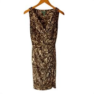 Lauren Ralph Lauren Faux Wrap Sleeveless Dress Jersey Knit Cream Brown Size 4